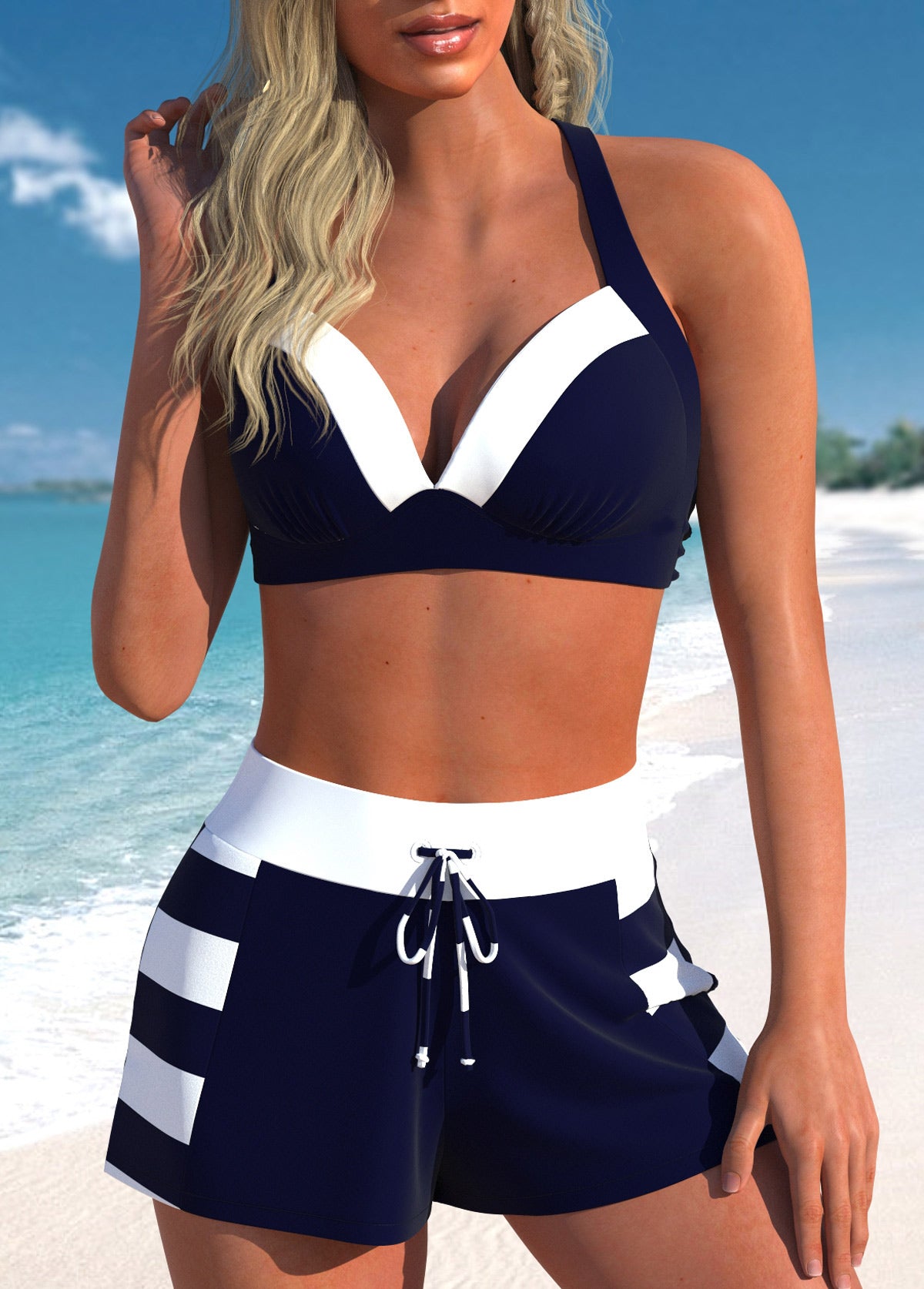 Conjunto Praia Decote V Com Short Ajustável Náutico