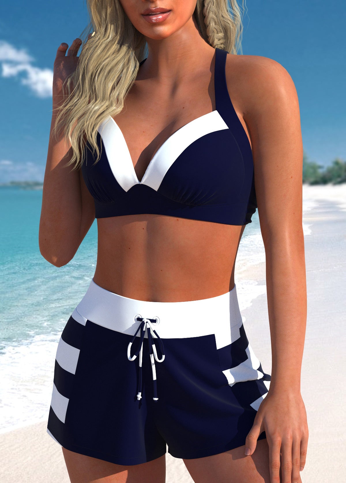 Conjunto Praia Decote V Com Short Ajustável Náutico