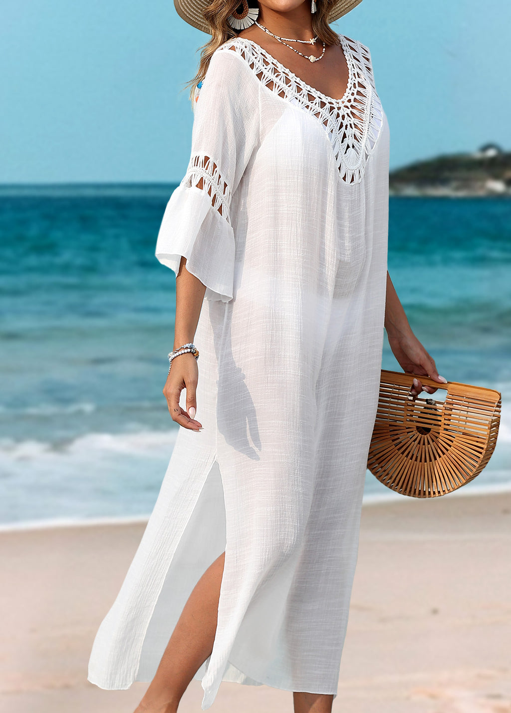 Saída De Praia Vestido Amplo Com Decote Em V Vazado
