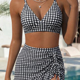 Conjunto Praia Top Decote V Com Saia Franzida Retrô