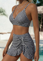 Conjunto Praia Top Decote V Com Saia Franzida Retrô
