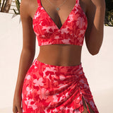 Conjunto Praia Top Decote V Com Saia Franzida Floral