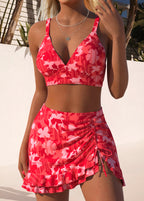 Conjunto Praia Top Decote V Com Saia Franzida Floral